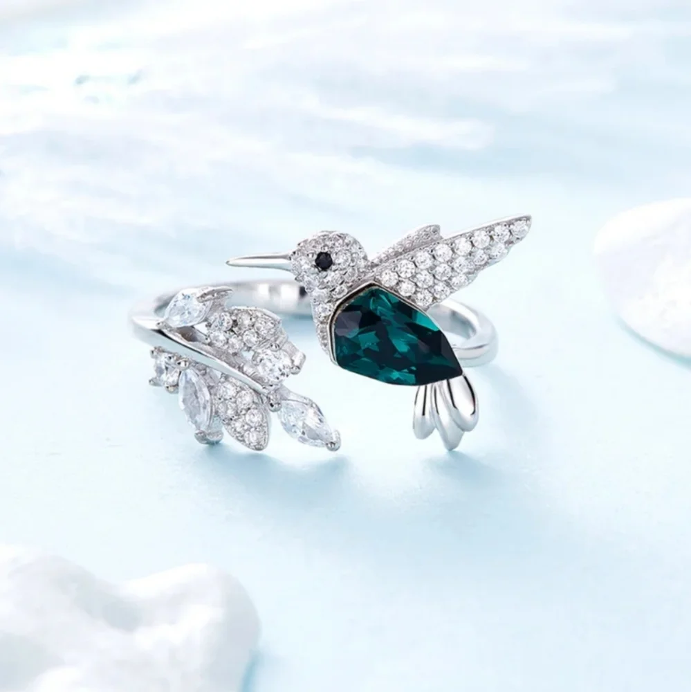 Elegant Natural Blue Stone Adjustable Hummingbird Ring for Women Glass Filled - Picture 5 of 10